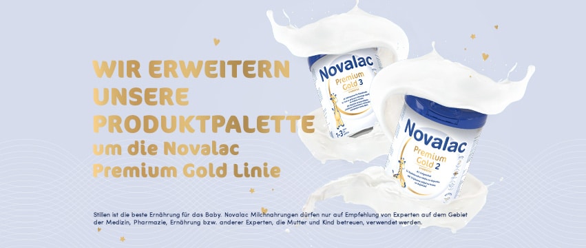 Die neue Novalac Premium Gold Linie enthält, wie für alle Novalac Produkte üblich, alle notwendigen Nährstoffe für ein optimales Wachstum von Säuglingen und Kleinkindern.