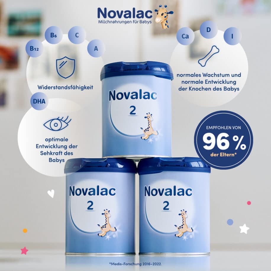 Novalac 2 Folgemilch ist für Babys ab 6 Monaten ohne Verdauungsprobleme gedacht, ergänzend zur Beikost, oder wenn das Stillen nicht ausreicht.