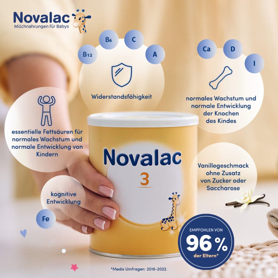 Novalac 3 Folgemilch ist für Kinder vom 1. bis zum 3. Lebensjahr geeignet.