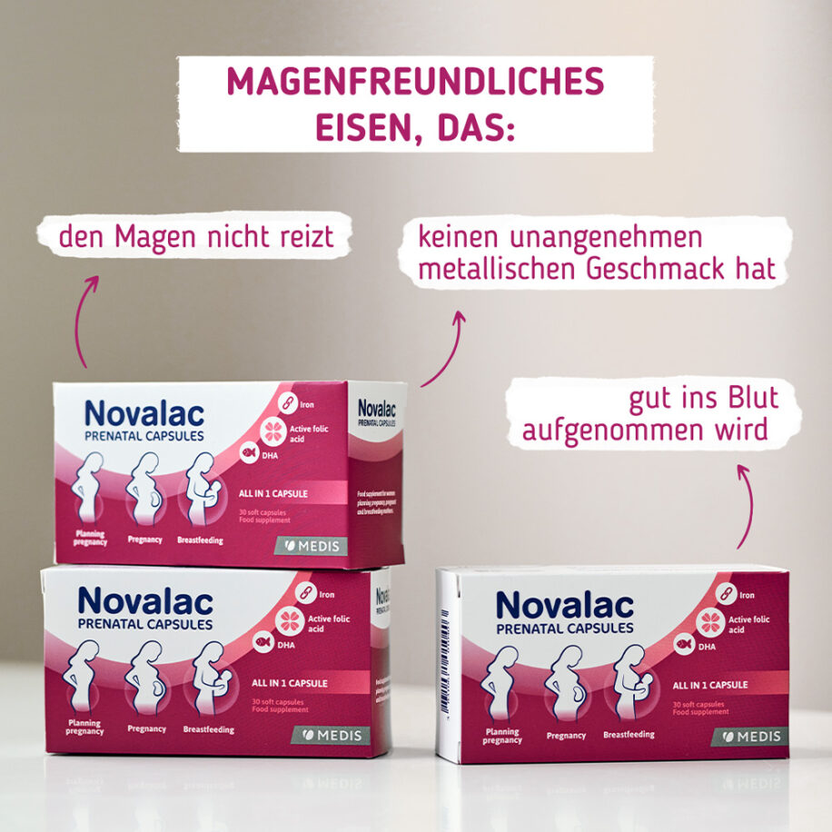 Novalac Prenatal Kapseln kombinieren in nur 1 Kapsel die wichtigsten Nährstoffe, die eine Frau in der Schwangerschaftsplanungsphase, während der Schwangerschaft und Stillzeit benötigt. Sie sind die einzigen Kapseln auf dem Markt, die die aktive Folsäure Quatrefolic®, Eisen Lipofer® und DHA enthalten.