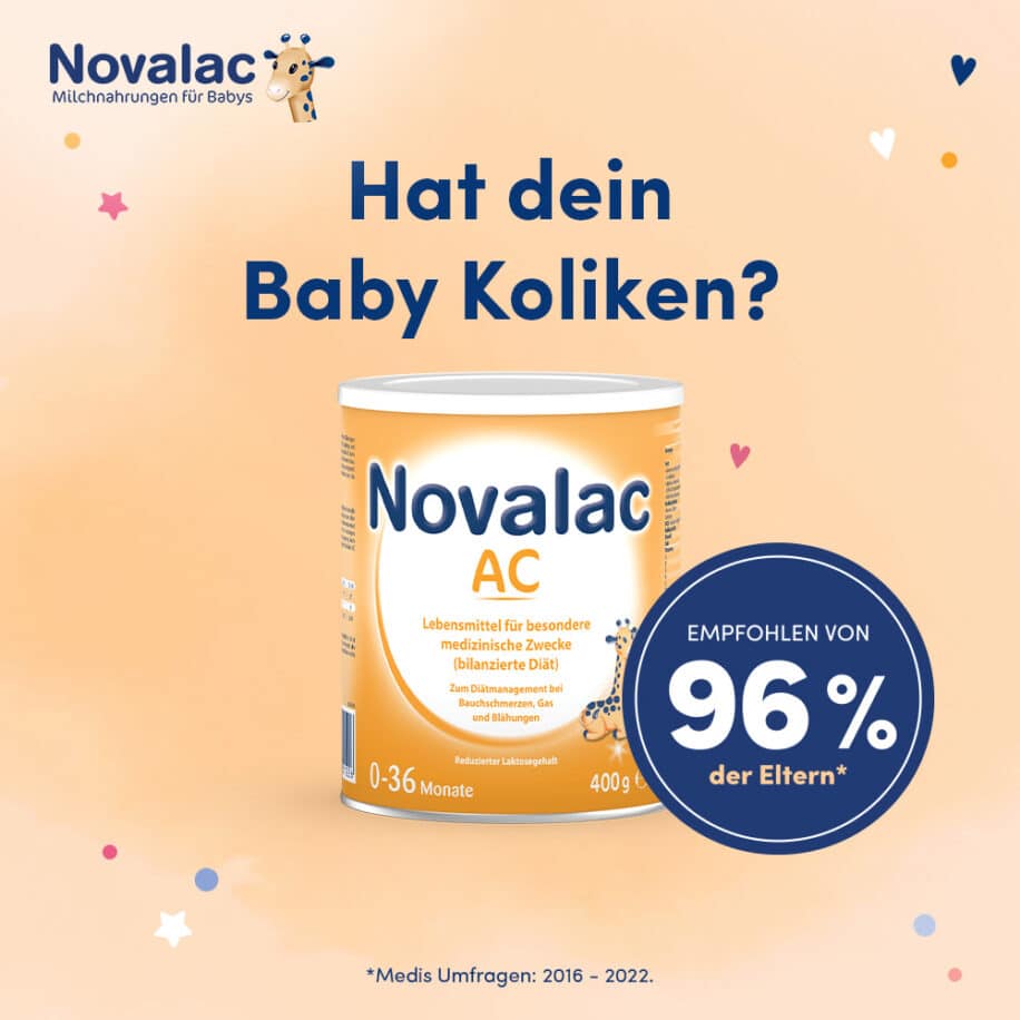 Novalac AC Milchnahrung eignet sich für Babys und Kleinkinder mit Blähungen und Koliken, die deswegen häufig untröstlich weinen, von Geburt bis zum 3. Lebensjahr.