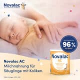 Novalac AC Milchnahrung eignet sich für Babys und Kleinkinder mit Blähungen und Koliken, die deswegen häufig untröstlich weinen, von Geburt bis zum 3. Lebensjahr.