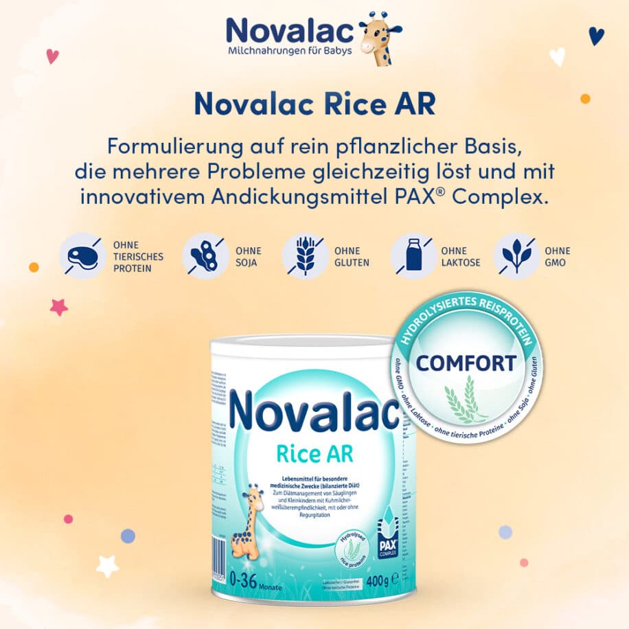 Novalac Rice AR ist ein diätetisches Lebensmittel für Säuglinge und Kleinkinder, die eine Unverträglichkeit auf Kuhmilcheiweiß mit oder ohne Regurgitation aufweisen.