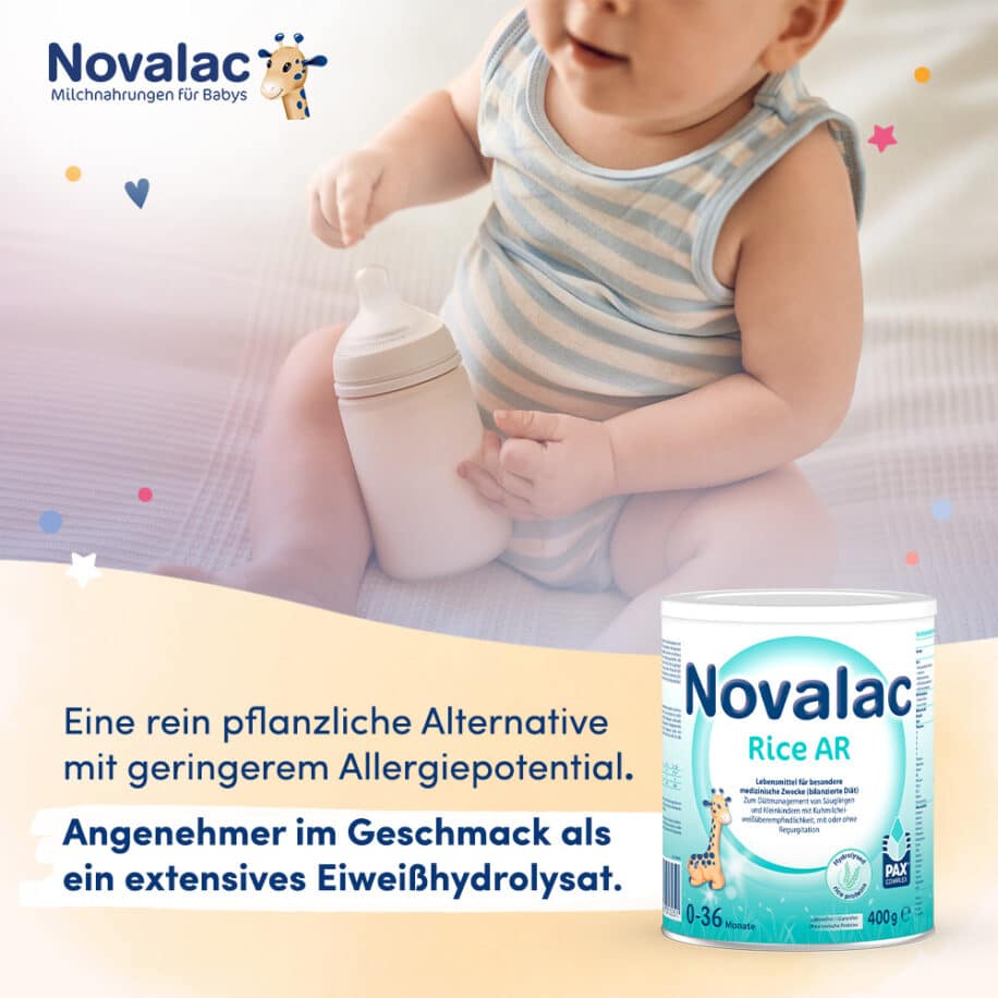 Novalac Rice AR ist ein diätetisches Lebensmittel für Säuglinge und Kleinkinder, die eine Unverträglichkeit auf Kuhmilcheiweiß mit oder ohne Regurgitation aufweisen.