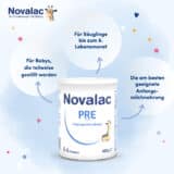 Novalac PRE Säuglingsanfangsmilchnahrung für Babys, die nicht, oder nur teilweise gestillt werden, von Geburt an bis zum 6. Monat.