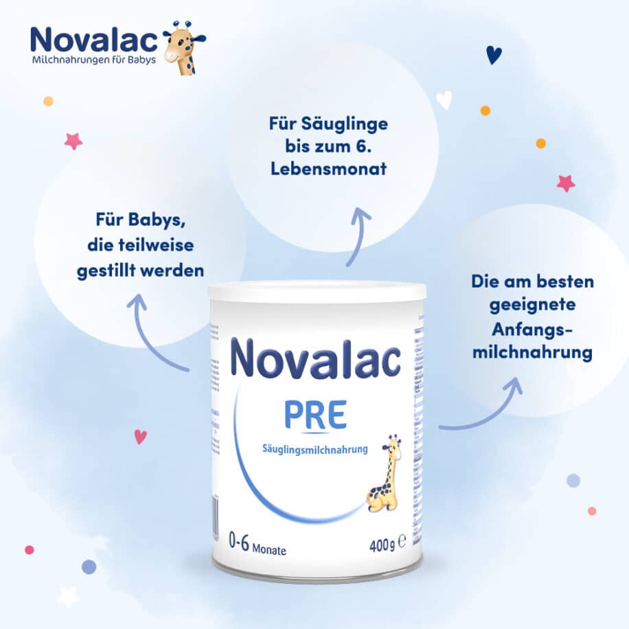 Novalac PRE Säuglingsanfangsmilchnahrung für Babys, die nicht, oder nur teilweise gestillt werden, von Geburt an bis zum 6. Monat.