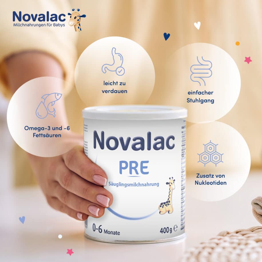 Novalac PRE Säuglingsanfangsmilchnahrung für Babys, die nicht, oder nur teilweise gestillt werden, von Geburt an bis zum 6. Monat.