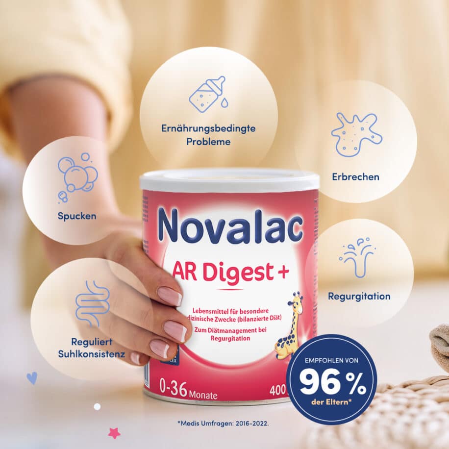 Novalac AR Digest + Milchnahrung zum Diätmanagement der Regurgitation bei Säuglingen von der Geburt bis zum Alter von 36 Monaten.