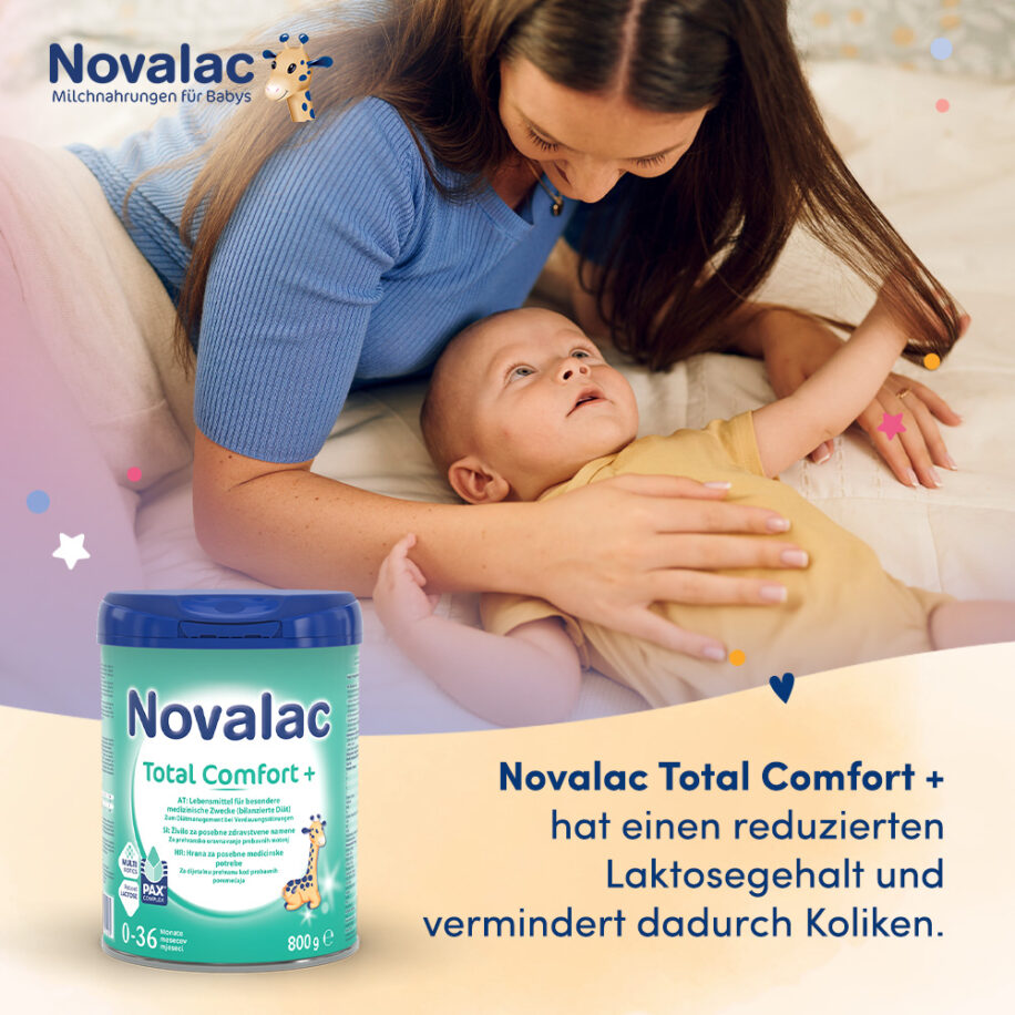 Novalac Total Comfort + für Säuglinge und Kleinkinder von der Geburt bis zum 36. Lebensmonat zur Behandlung von Verdauungsproblemen wie Spucken, Bauchschmerzen und Blähungen, Verstopfung oder harter Stuhlgang bei Säuglingen.