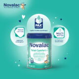 Novalac Total Comfort + für Säuglinge und Kleinkinder von der Geburt bis zum 36. Lebensmonat zur Behandlung von Verdauungsproblemen wie Spucken, Bauchschmerzen und Blähungen, Verstopfung oder harter Stuhlgang bei Säuglingen.