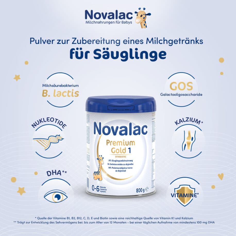 Novalac Premium Gold 1 Säuglingsanfangsmilchnahrung für Babys, die nicht, oder nur teilweise gestillt werden, von Geburt an bis zum 6. Monat.