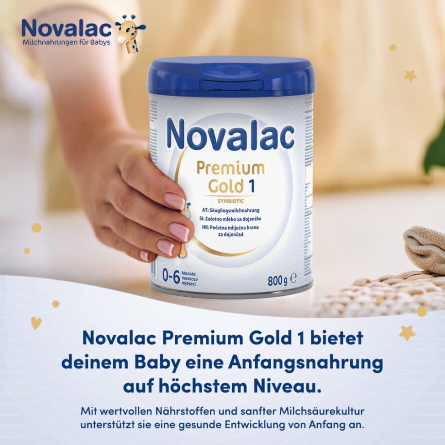 Novalac Premium Gold 1 Säuglingsanfangsmilchnahrung für Babys, die nicht, oder nur teilweise gestillt werden, von Geburt an bis zum 6. Monat.