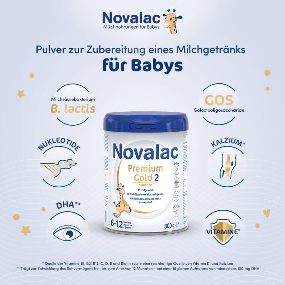 Novalac Premium Gold 2 Folgemilch ist für Babys ab 6 Monaten ohne Verdauungsprobleme bestimmt, als Ergänzung zur Beikost oder wenn das Stillen nicht ausreicht.