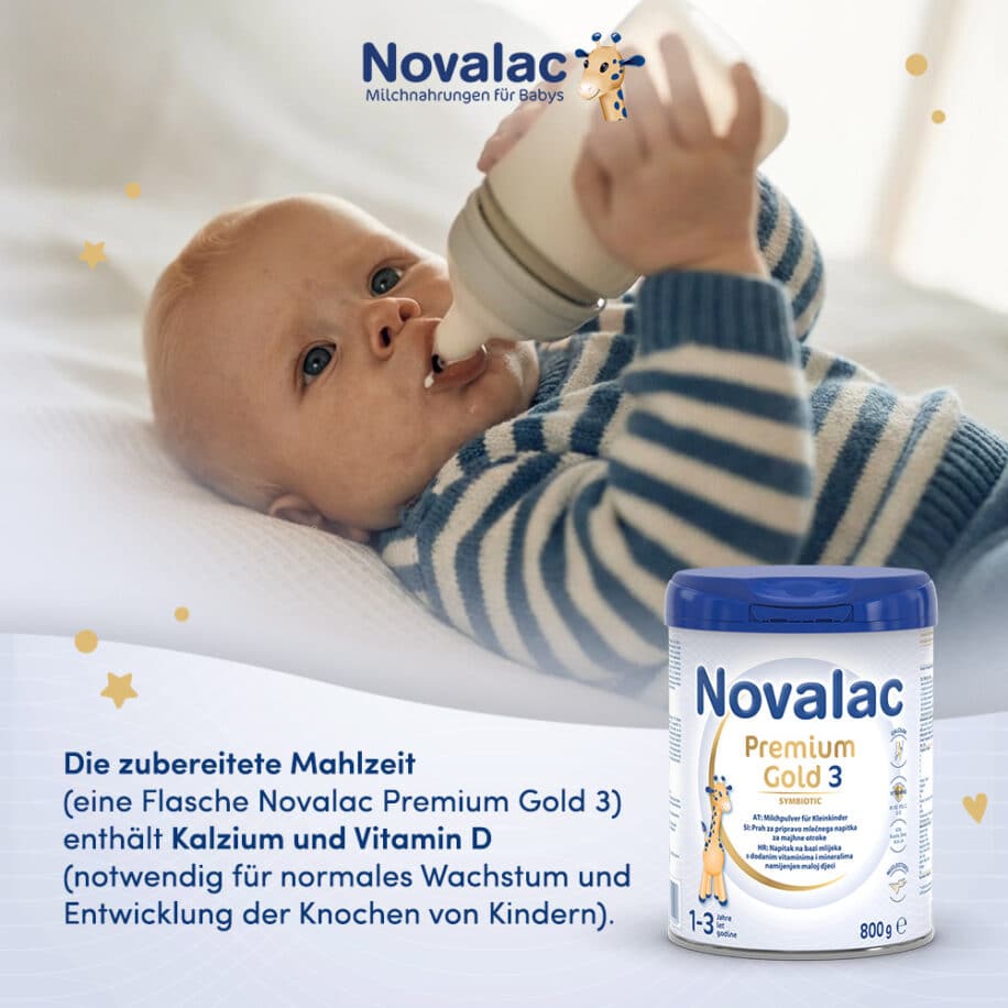 Novalac Premium Gold 3 Folgemilch ist für Kinder von 1 bis 3 Jahren als Teil einer abwechslungsreichen und ausgewogenen Ernährung bestimmt.
