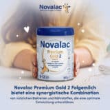 Novalac Premium Gold 2 Folgemilch ist für Babys ab 6 Monaten ohne Verdauungsprobleme bestimmt, als Ergänzung zur Beikost oder wenn das Stillen nicht ausreicht.
