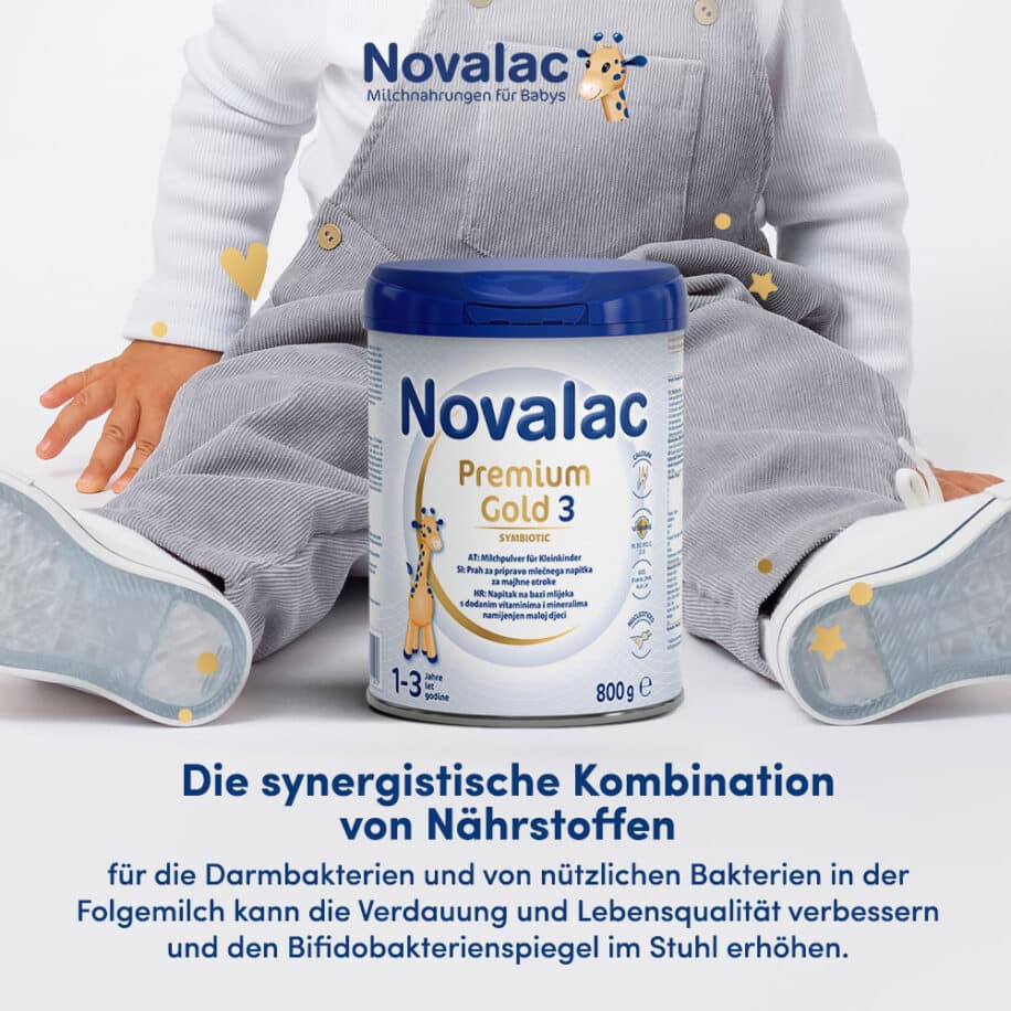 Novalac Premium Gold 3 Folgemilch ist für Kinder von 1 bis 3 Jahren als Teil einer abwechslungsreichen und ausgewogenen Ernährung bestimmt.