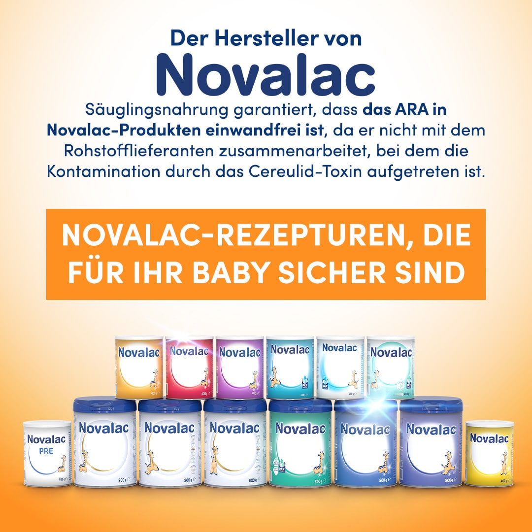 Sie können daher unbesorgt sein und weiterhin die hochwertigen Novalac-Rezepturen verwenden, die für Ihr Baby sicher sind.